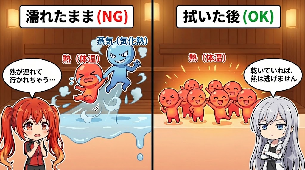 気化熱で体温が奪われる図解