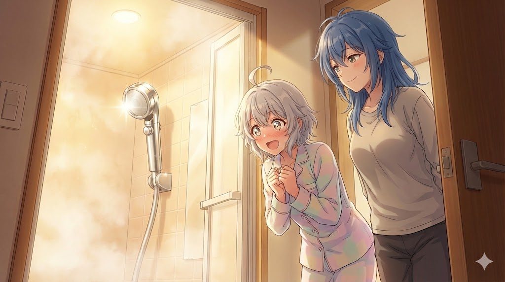 最新のファインバブルシャワーヘッドが浴室に設置され、最高のバスタイムへの期待に目を輝かせるイズミと、それを笑顔で見守るミチルのイラスト