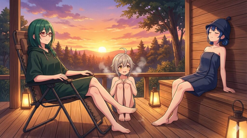 それぞれのサウナグッズでサウナお楽しむイメージ