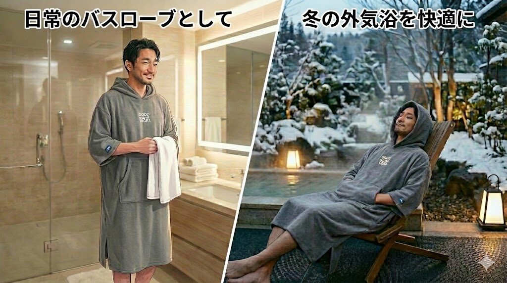 冬の外気浴でサウナポンチョを着て休憩する様子、バスローブとしての使用例