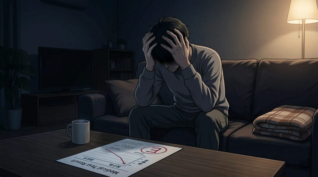 検査結果に頭を抱えるイメージ