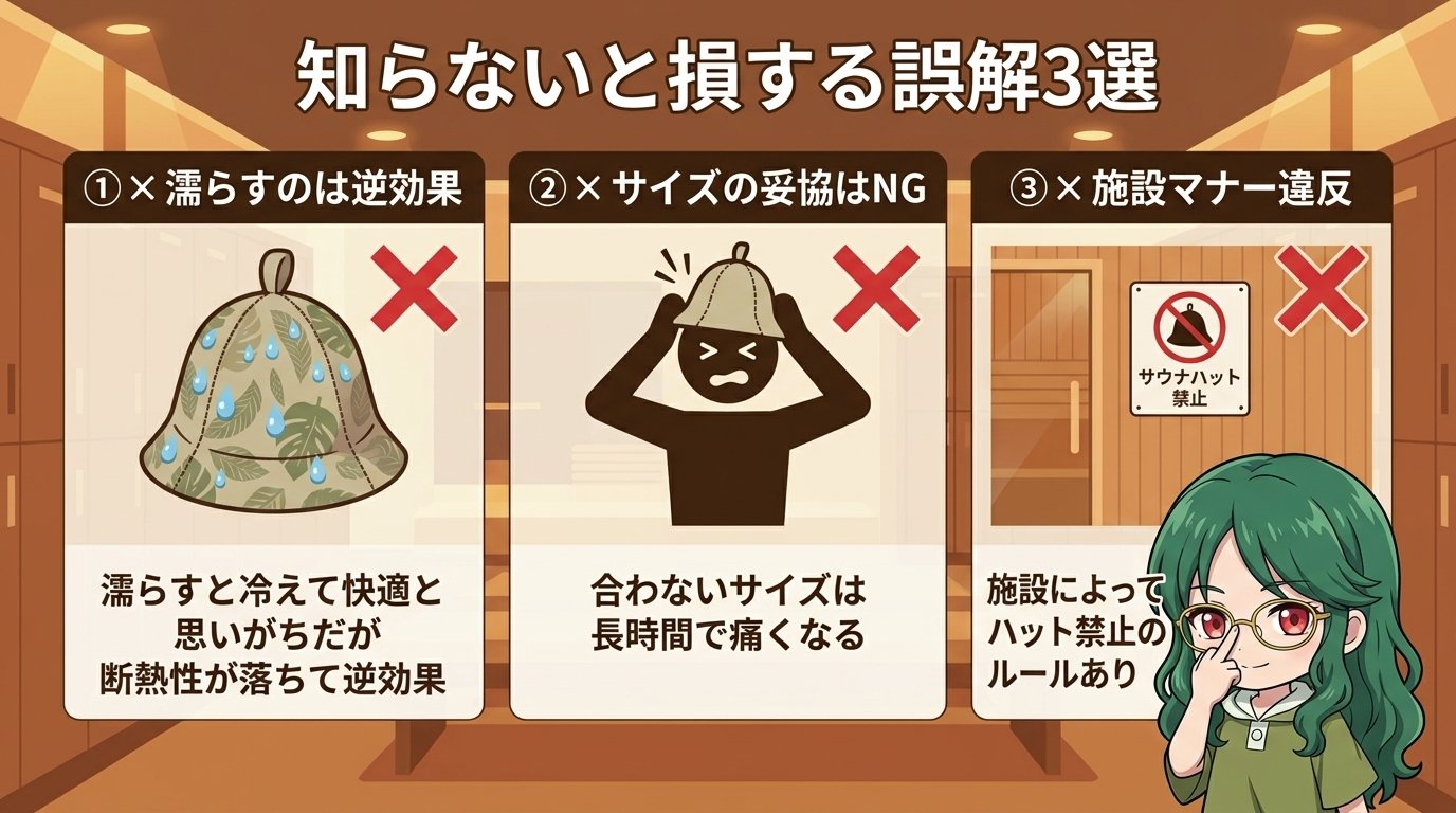 サウナハット3つの誤解パネル（濡らすNG・サイズ妥協NG・施設マナー違反）