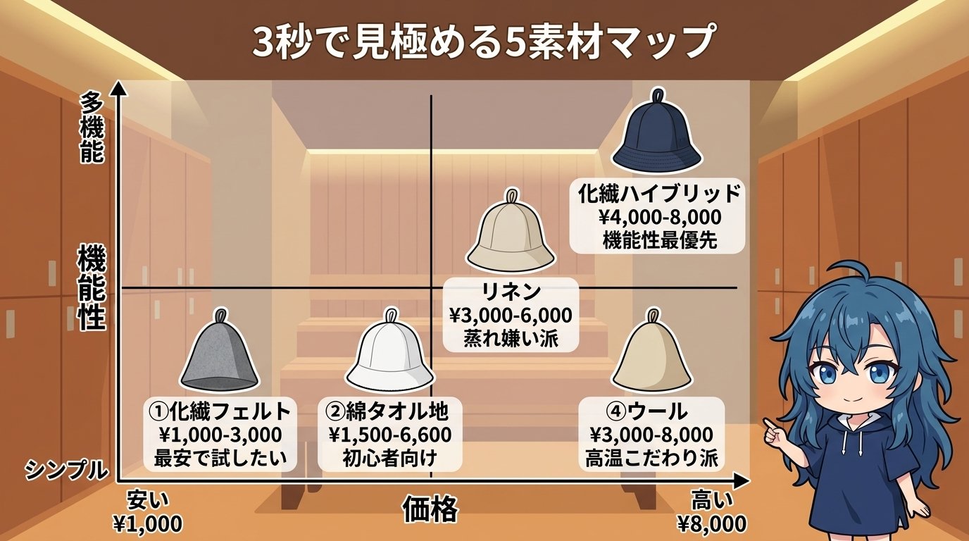 サウナハット5素材マッピング図 - 価格×機能性の2軸で5素材を3秒で見極める
