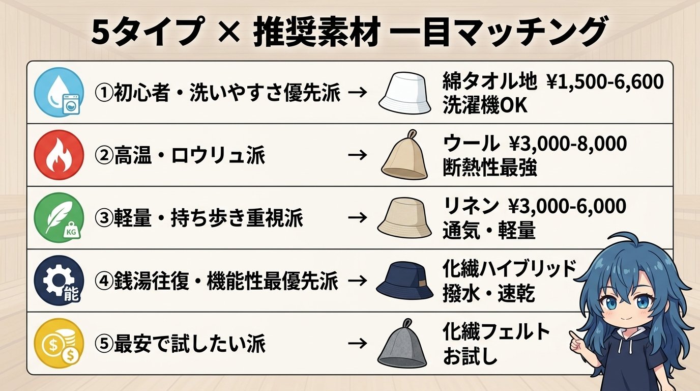 5タイプ × 推奨素材 一目マッチング表 - 象徴アイコン+ハット実物+価格・特徴1行で要点まとめ