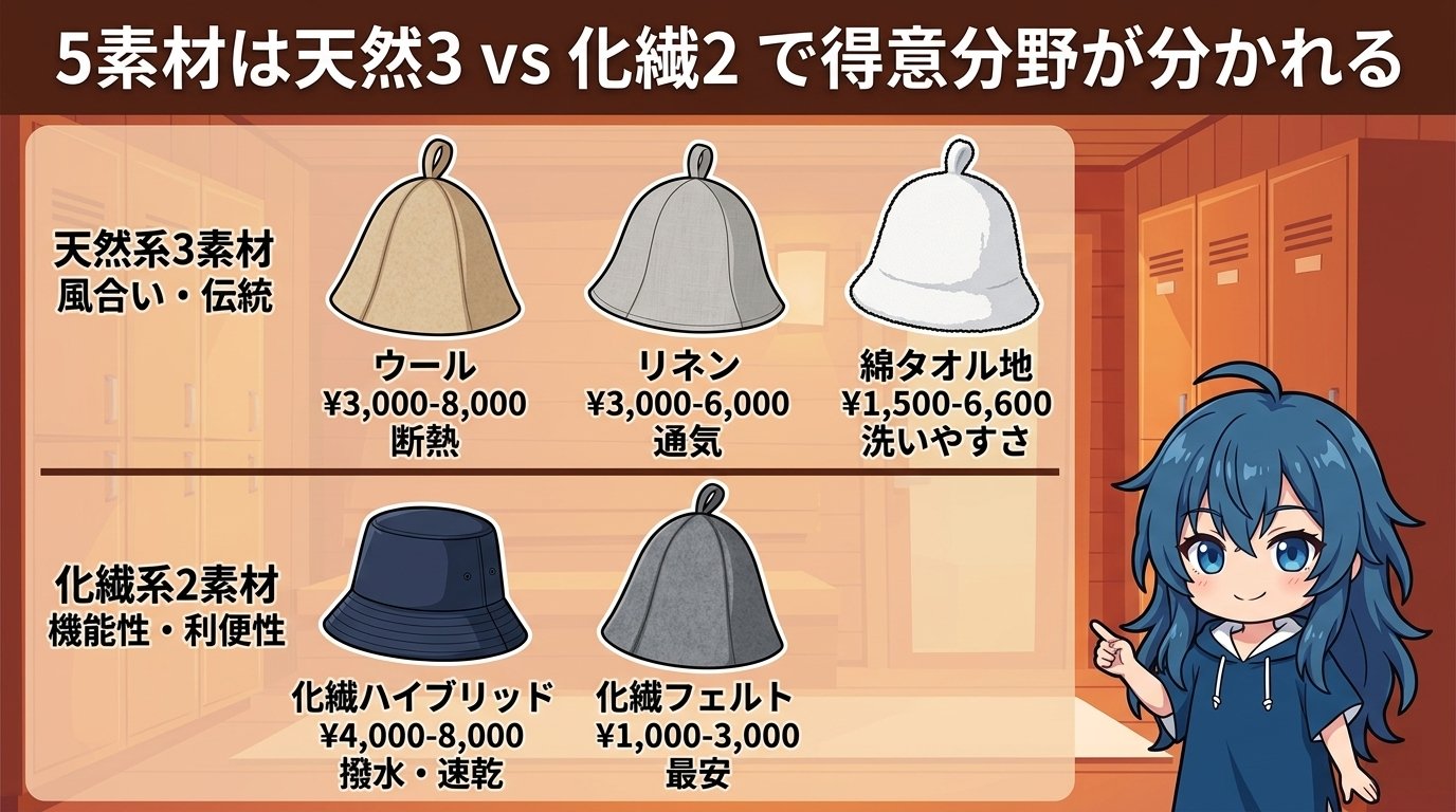 サウナハット5素材の天然3vs化繊2構造比較インフォグラフィック