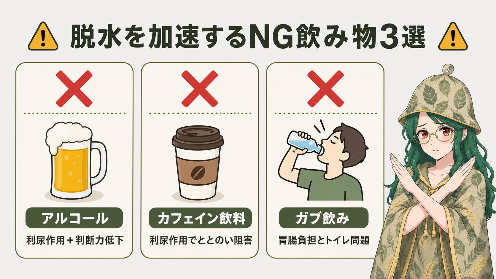 脱水を加速するNG飲み物3選:アルコール・カフェイン飲料・ガブ飲み
