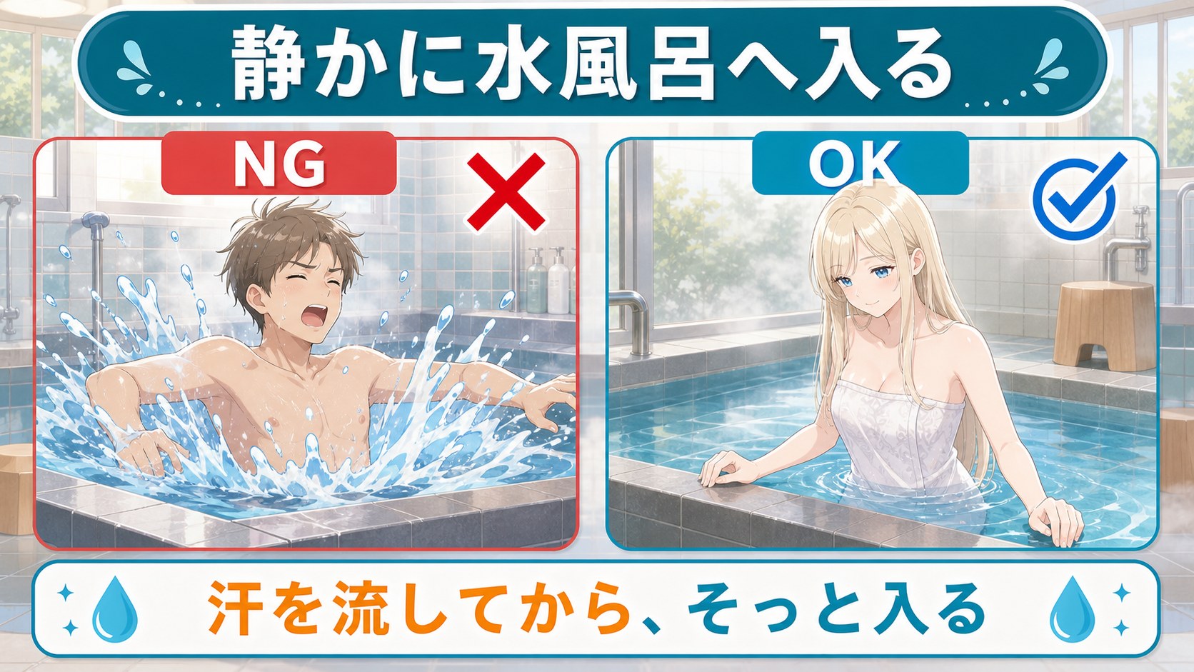 静かに水風呂へ入るマナー