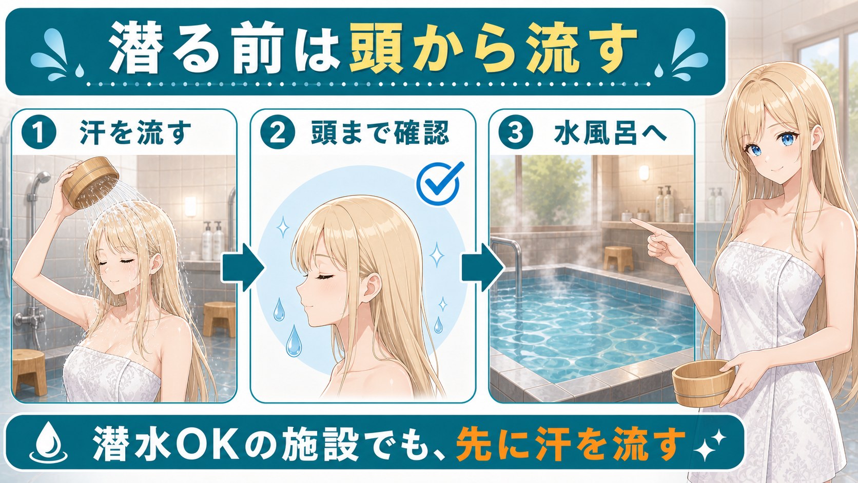 潜る前は頭から汗を流す