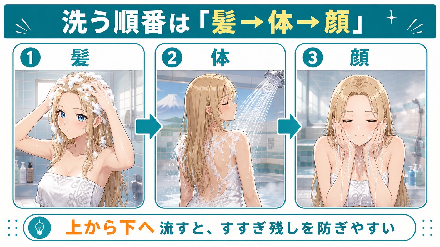 サウナ前に洗う順番は髪、体、顔