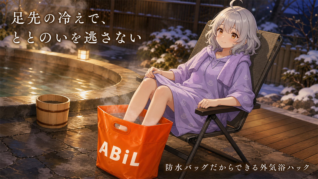 イズミがABiLボウスイバッグを足湯バケツとして使うシーン