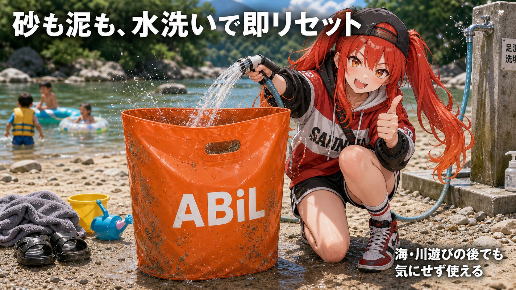 アカリが解説する砂・泥でも水洗いできるシーン