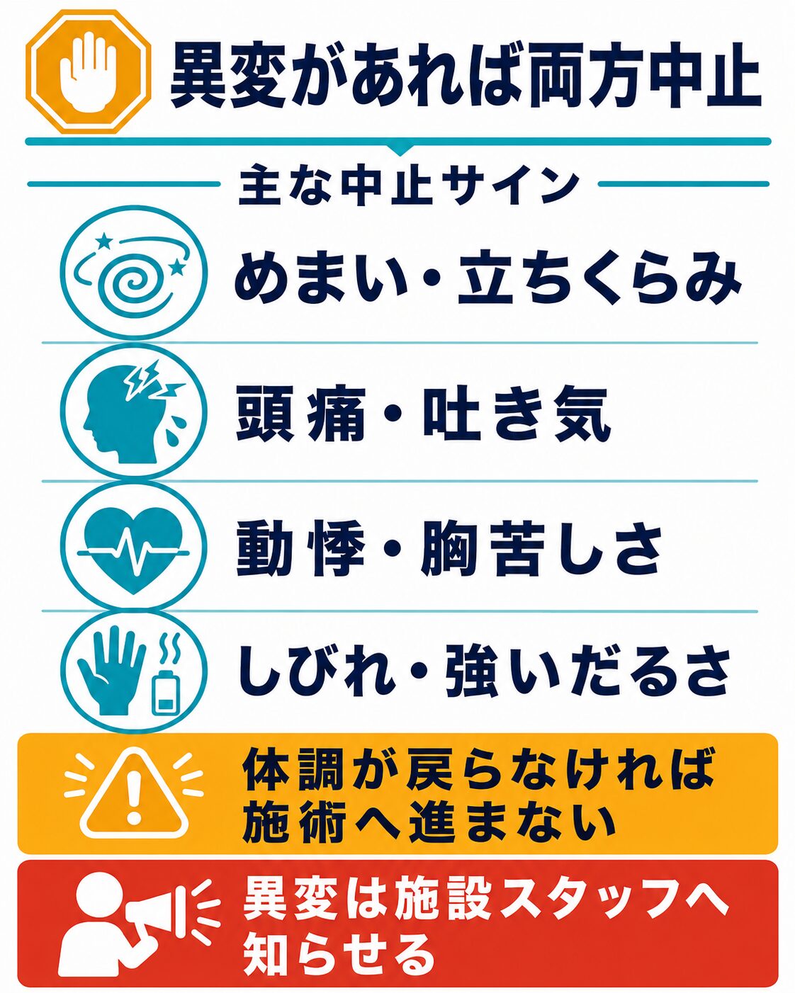 めまい・頭痛・動悸・しびれなどサウナともみほぐしを中止する主なサイン