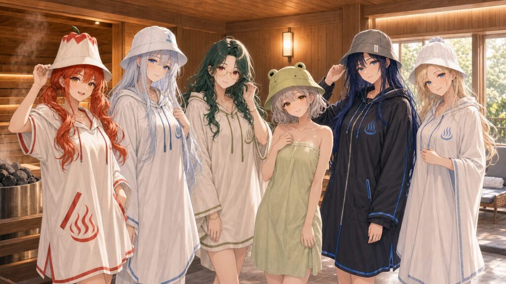 サウナガールズ6人がサウナ施設内で並ぶ紹介イラスト