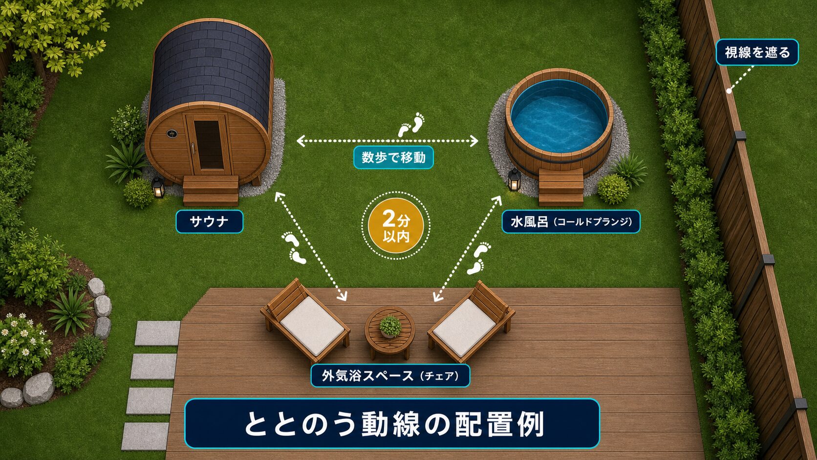 ととのう動線の配置例 サウナ小屋と水風呂と外気浴チェアを2分以内に配置した庭の俯瞰図