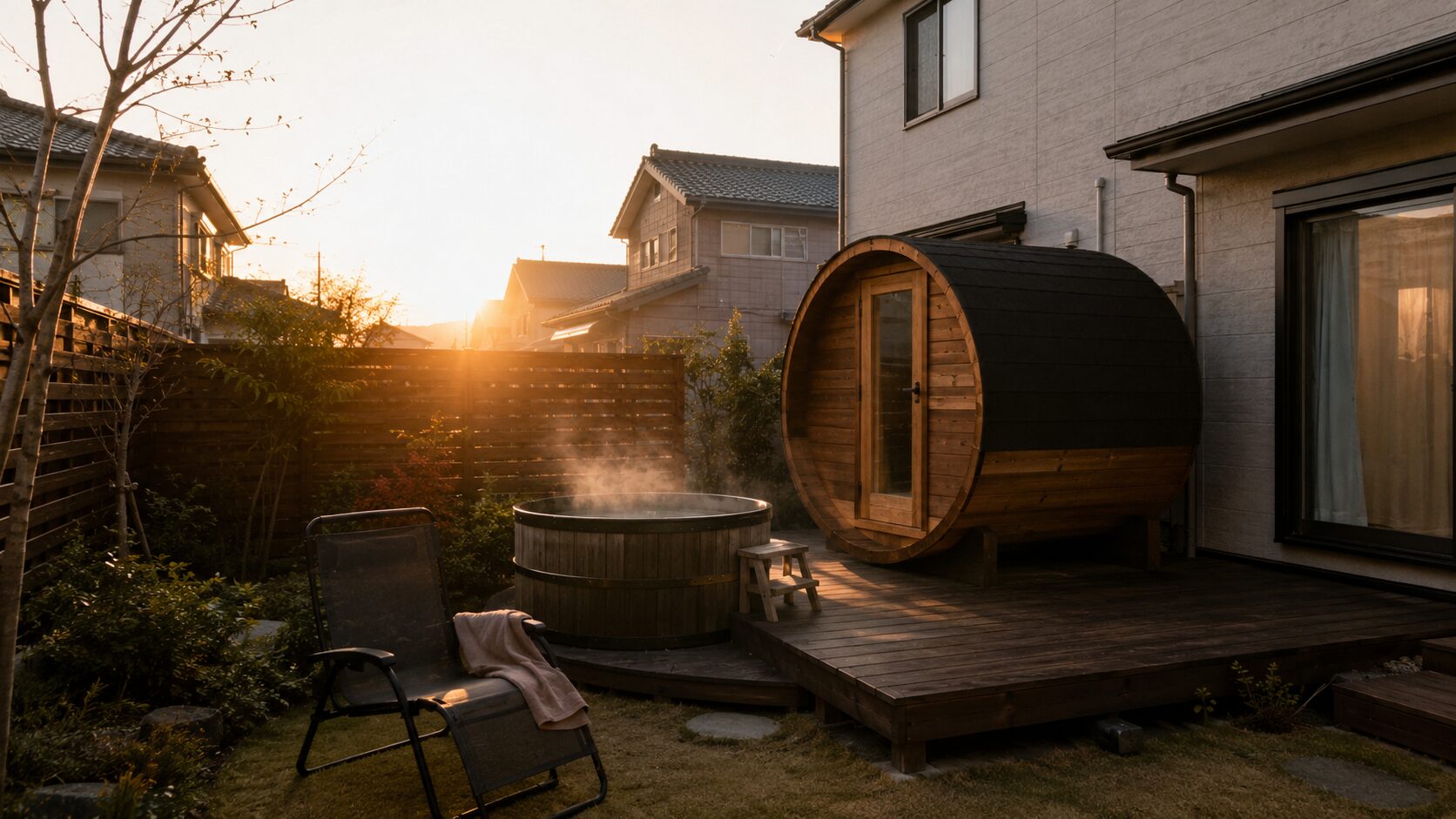 日本の戸建ての庭に置いたバレルサウナと水風呂と外気浴チェア 自宅サウナのある暮らしのイメージ