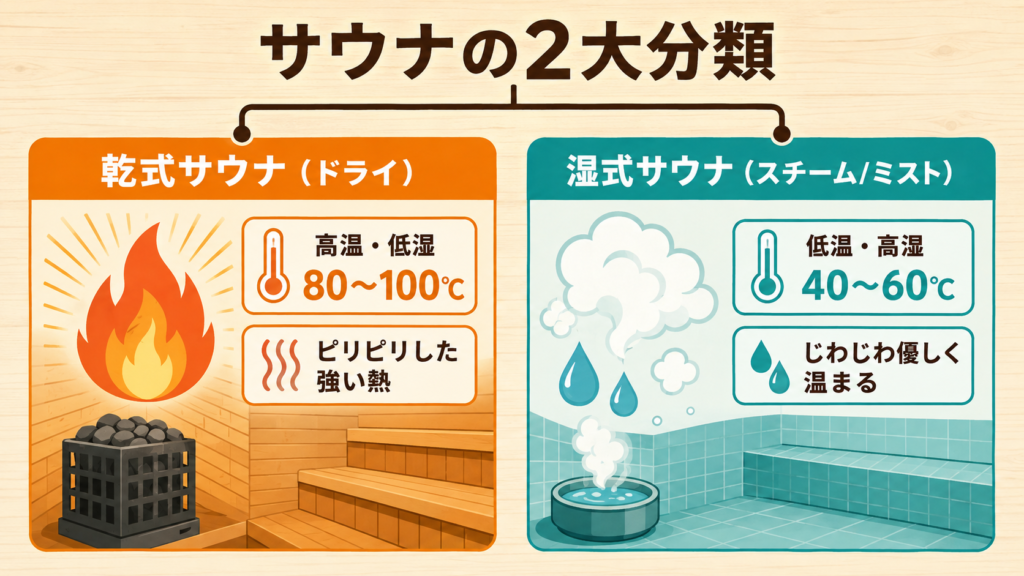 サウナの2大分類（乾式と湿式）の図解