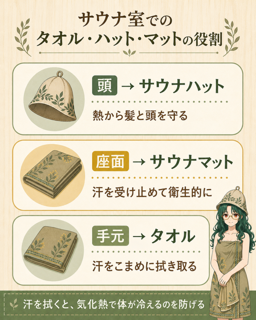 サウナ室でのタオル・ハット・マットの役割の図解