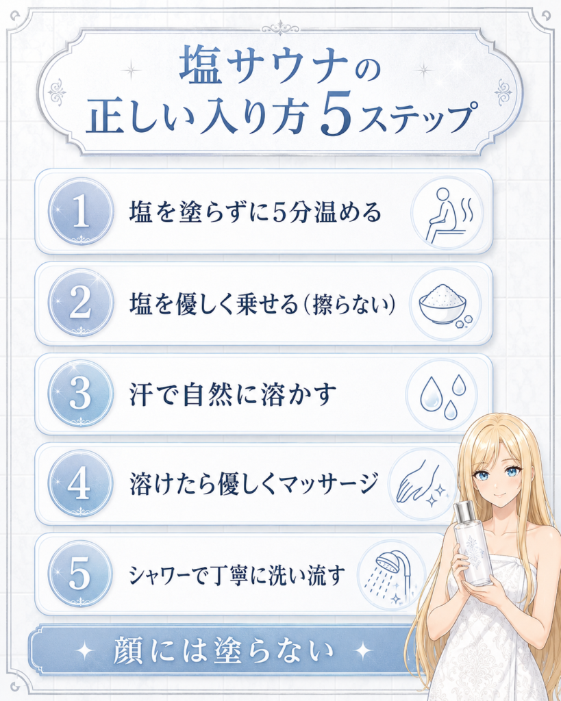 塩サウナの正しい入り方5ステップの図解