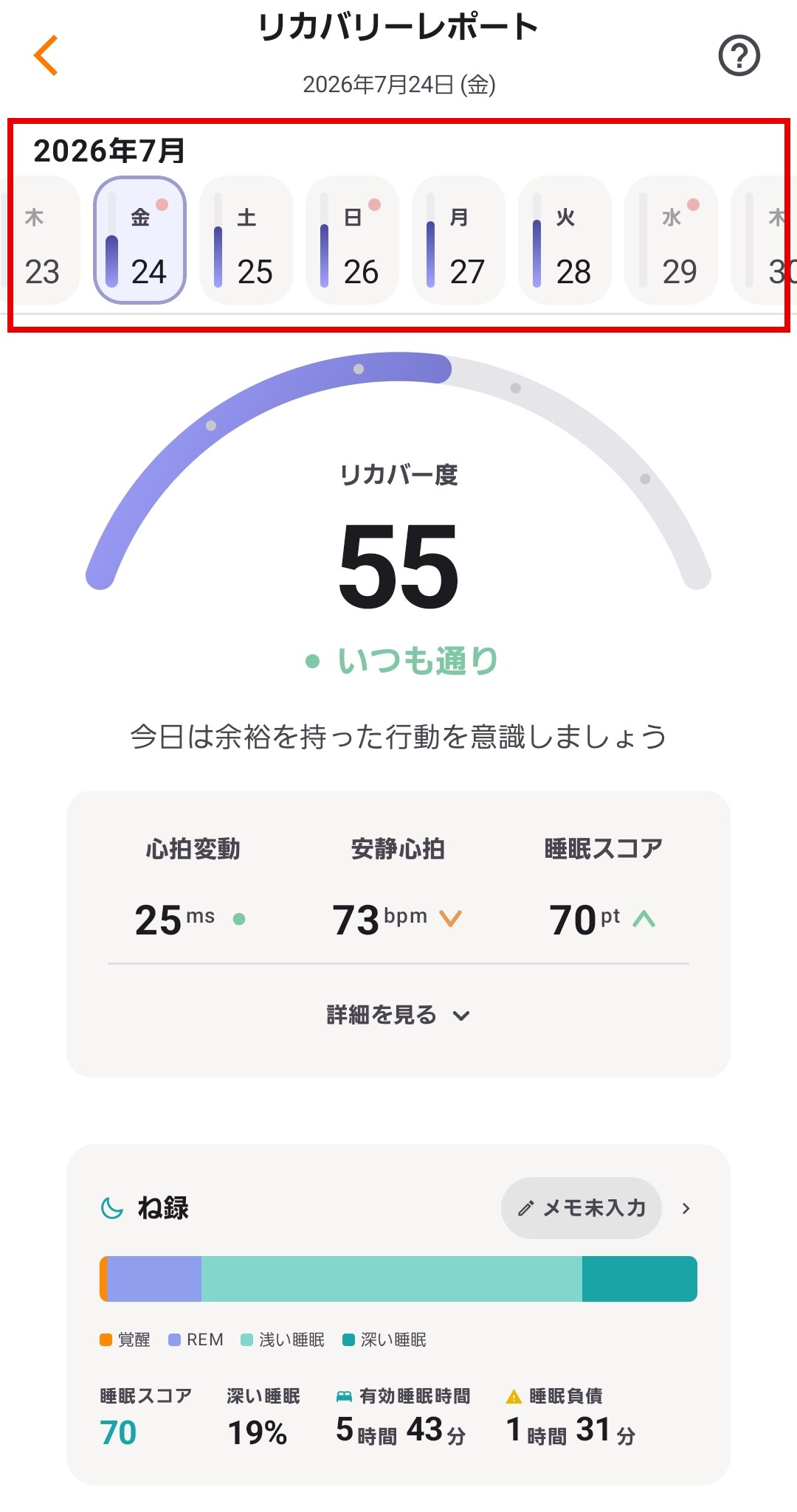 リカバリーレポートの日付セレクタ。サウナに入った日に赤丸がつく