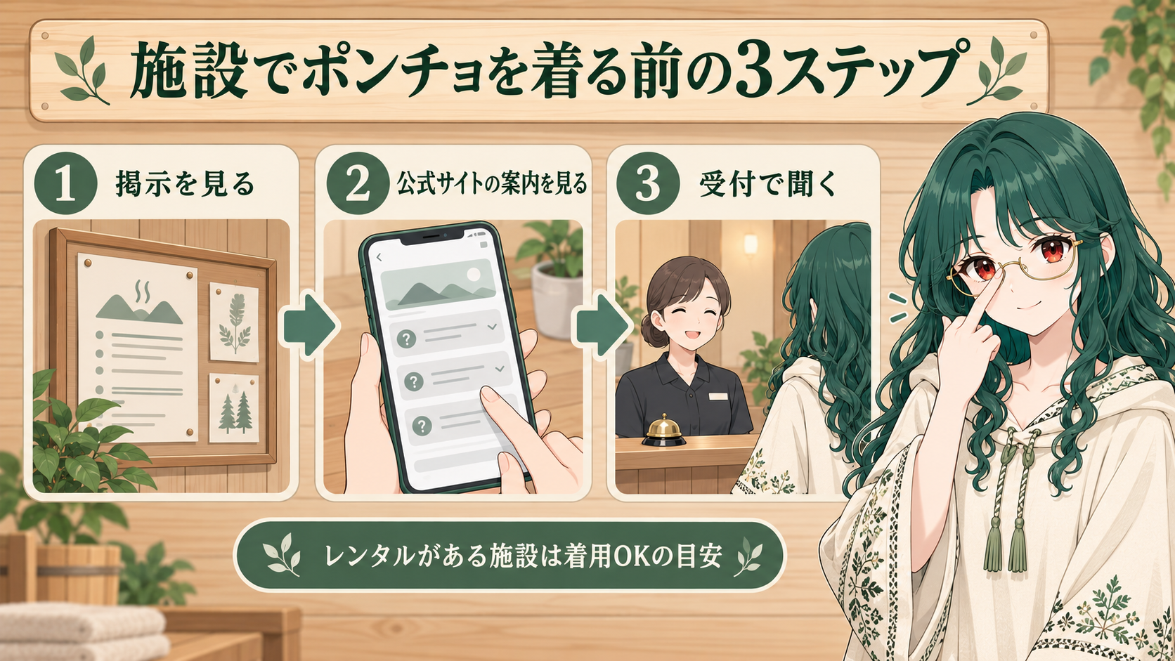 施設でポンチョを着る前の3ステップ。掲示を見る、公式サイトの案内を見る、受付で聞く