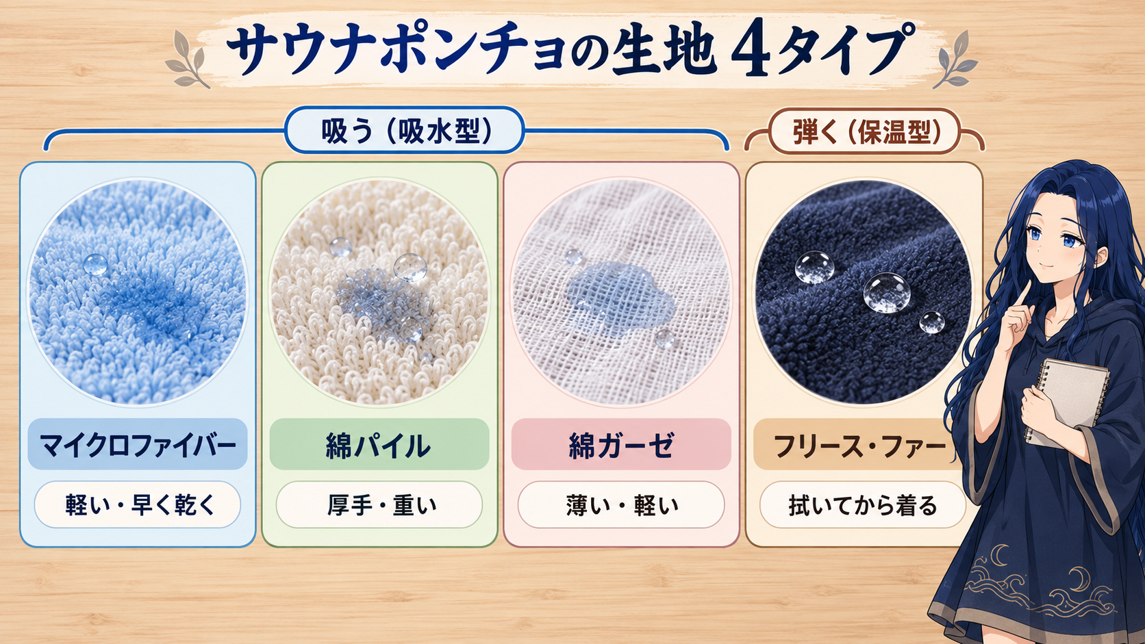 サウナポンチョの生地4タイプ。吸水型のマイクロファイバー・綿パイル・綿ガーゼと、保温型のフリース・ファー