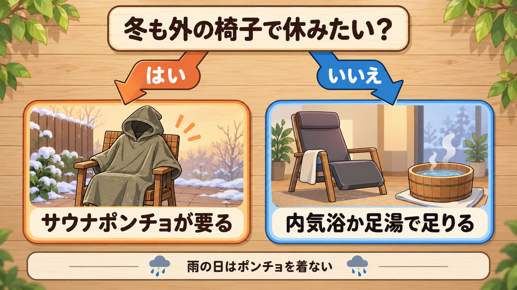 冬も外の椅子で休みたいならサウナポンチョが要る。室内で休むなら内気浴か足湯で足りる。雨の日は着ない