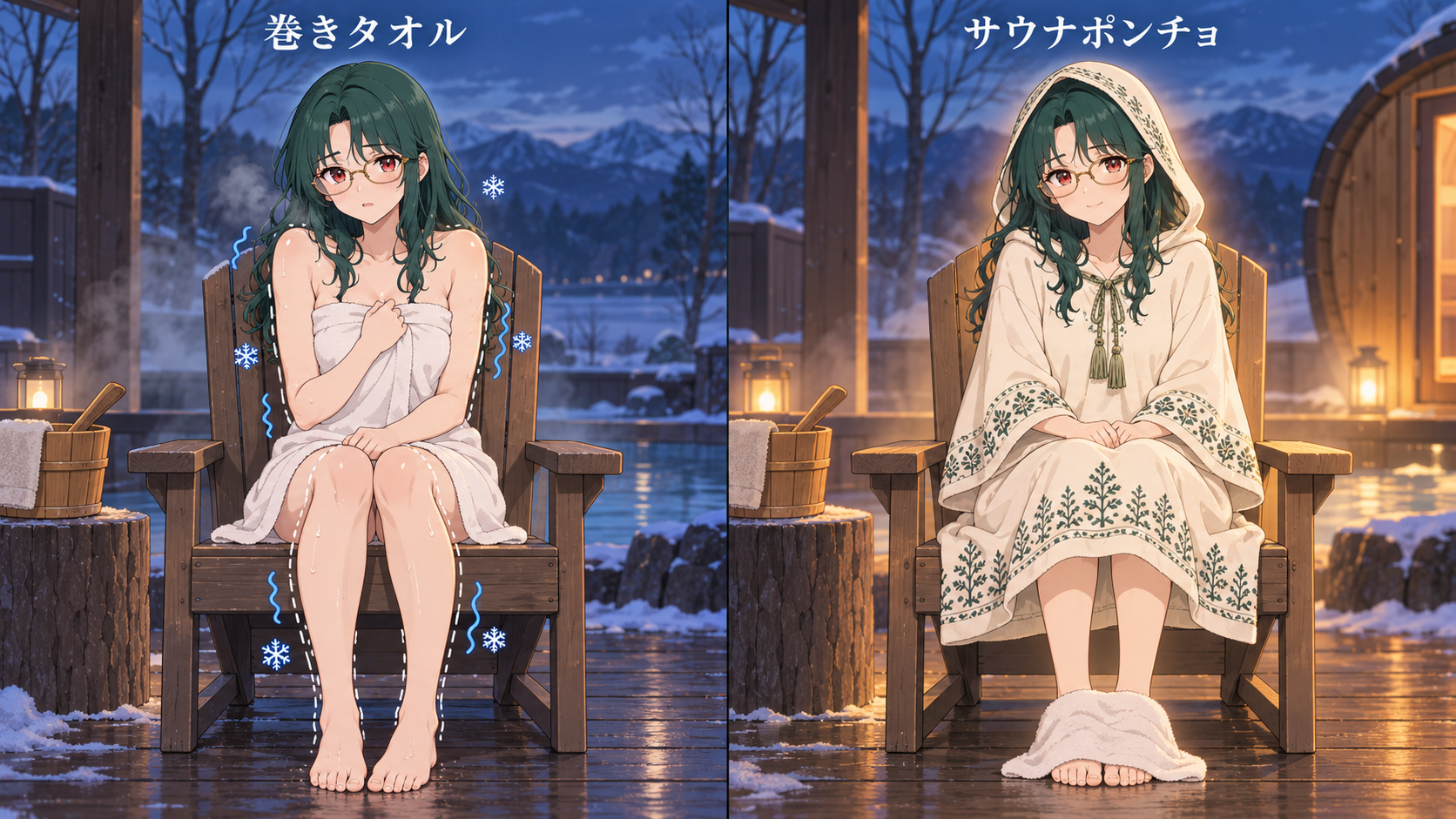 巻きタオルとサウナポンチョの比較。タオルは肩や膝が出て冷えるが、ポンチョは全身を覆える