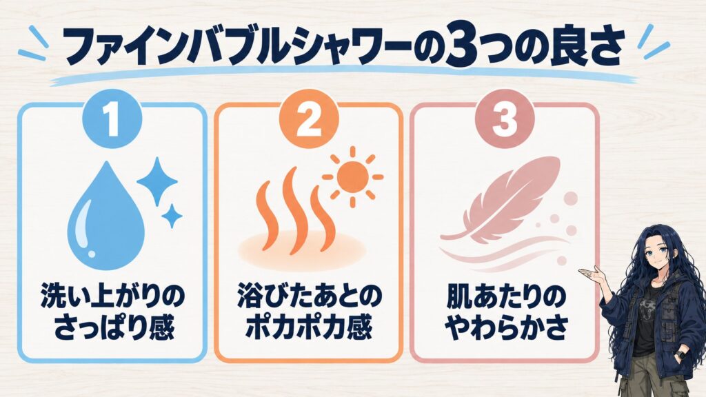 ファインバブルシャワーの3つの良さの図解