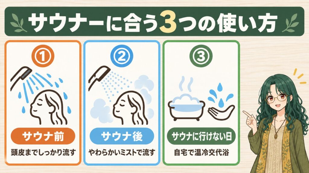 サウナーに合う3つの使い方の図解（サウナ前・サウナ後・サウナに行けない日）