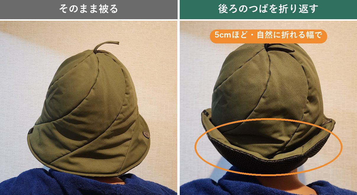 サウナハットPROを後ろから見た比較(そのまま被った状態と後ろのつばを折り返した状態)