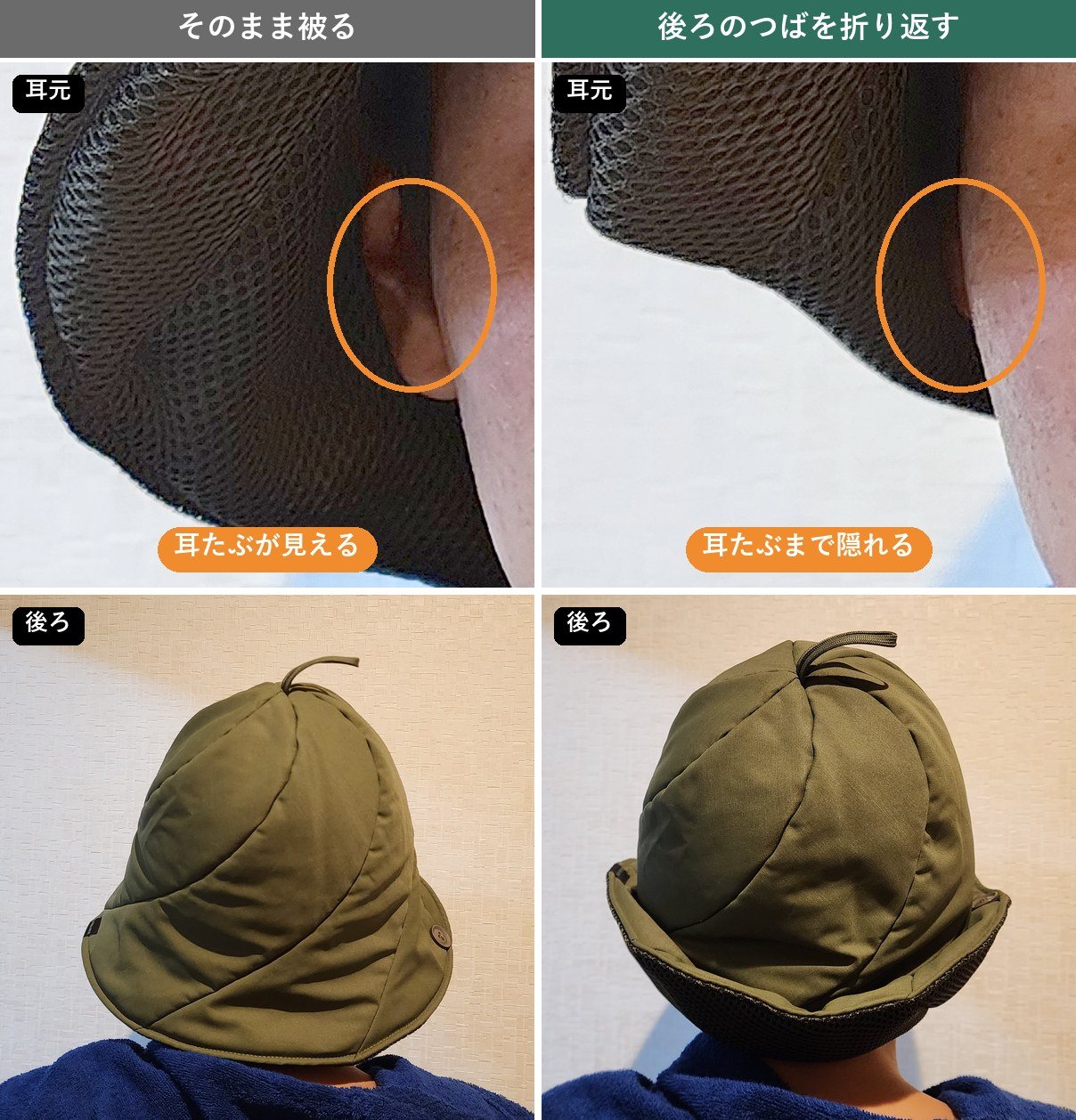 サウナハットPROをそのまま被った状態と後ろのつばを折り返した状態の比較(耳元と後ろ姿)